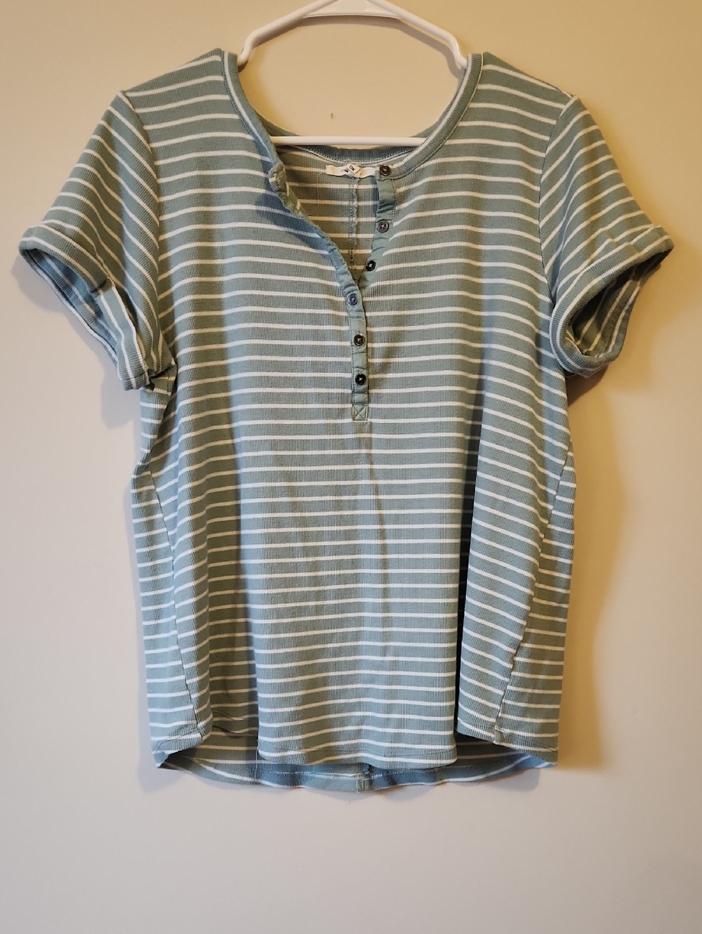 Maurices Sage Green and White Striped Henley Tee